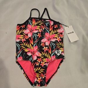 Hurley Kids Floral One-Piece Swimsuit - Black and Pink Sixe 3-4T